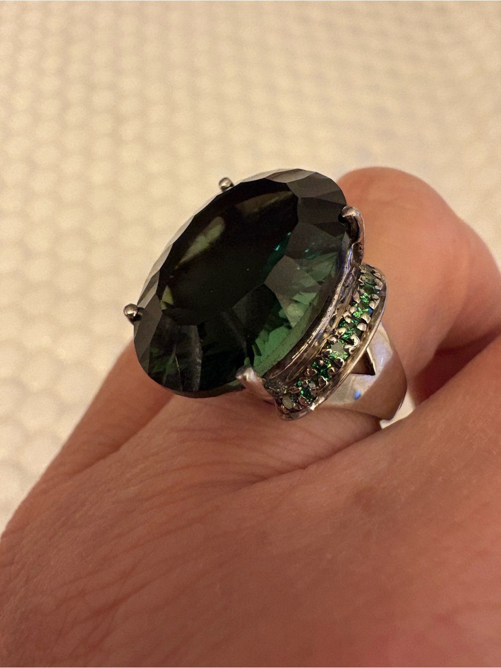 Massive 20ct Deep Forest Green Statement Ring - 925 Sterling Silver Size 6.5